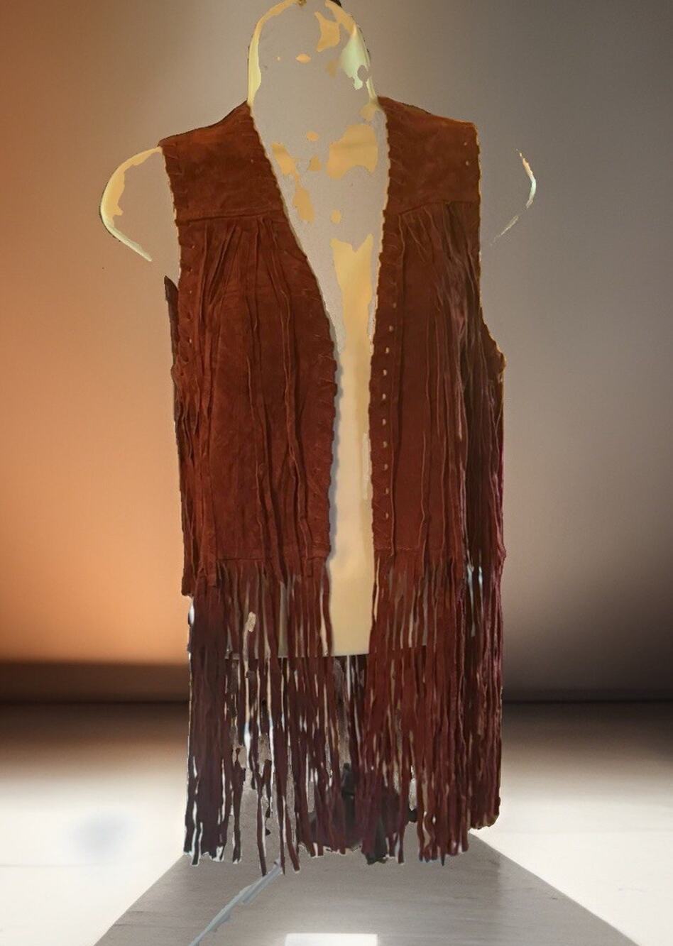 Forever 21 Women’s Burgundy Fringe Open Front Suede Leather Long Vest Size S